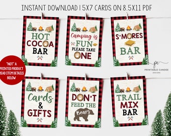 Camping Party Signs Hot Cocoa Bar S'mores Decor Lumberjack Table Signs Bear Birthday Party Printables Instant Download