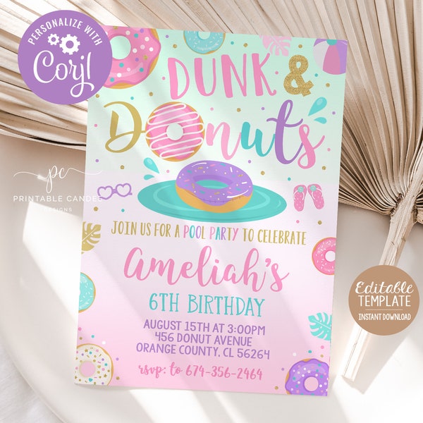 Donut Pool Party Invitation Editable Summer Birthday Invite Template Donut Bash Theme Instant Download Printable File