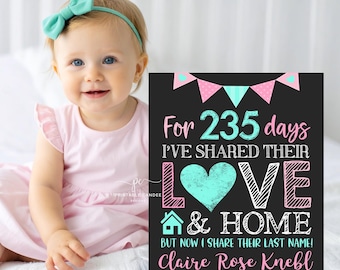 Editable Adoption Announcement Sign Pink Adopted Poster Love and Home Photography Prop Printable Template