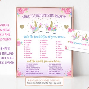 Unicorn name game Party Printables Table Party Sign Favors Instant Download