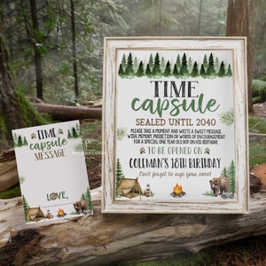 Editable Time Capsule Camping First Birthday Sign One Happy Camper Smores Woodland Bear Party Decor Template Printable OHPNT