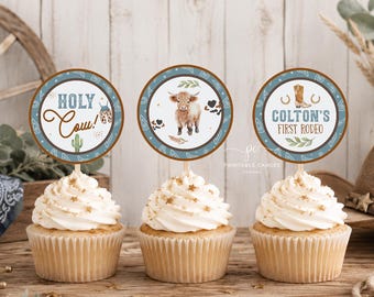 Cowboy Birthday Cupcake Toppers Rodeo Party Highland Cow Ranch Digital Template