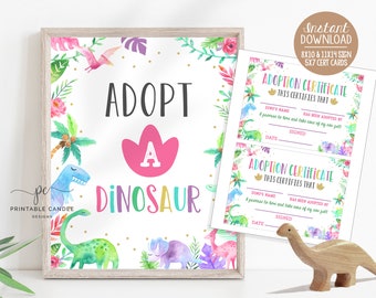 Adopt a Dinosaur Sign Girl Dino Birthday Table Adopt a Pet Decor Printable Instant Download