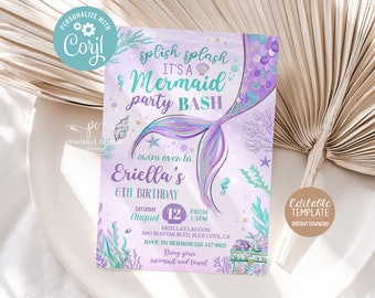 May include: Purple and teal mermaid-themed birthday party invitation with a mermaid tail, seashells, and stars. The text reads "Splish Splash It's a Mermaid Party Bash" and "Eriella's 6th Birthday".
