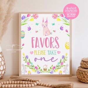 Easter Favor Sign Adorable Pink Bunny Decor Birthday Table Signs Spring Floral Theme Instant download PEB24