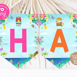 Editable Luau Flag Banner Tropical Party Flags Summer Theme Party Decor Template Printable