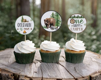 Camping Cupcake Toppers One Happy Camper Birthday Smores Woodland Bear 1st Printable Decor Editable OHPNT