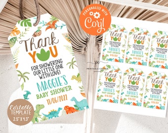 May include: A set of nine printable thank you tags featuring a dinosaur theme. The tags are white with green, blue, orange, and brown dinosaur illustrations. The text on the tags reads "Thank You for showering our little one with love! Maggie's Baby Shower 11/06/2022".