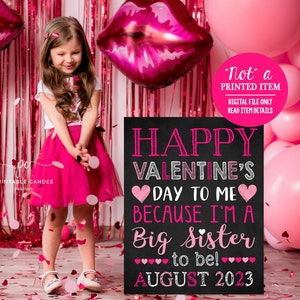 Valentine Pregnancy Announcement Hot Pink Valentine&#39;s Day Big Sister Sign Printable Chalkboard File