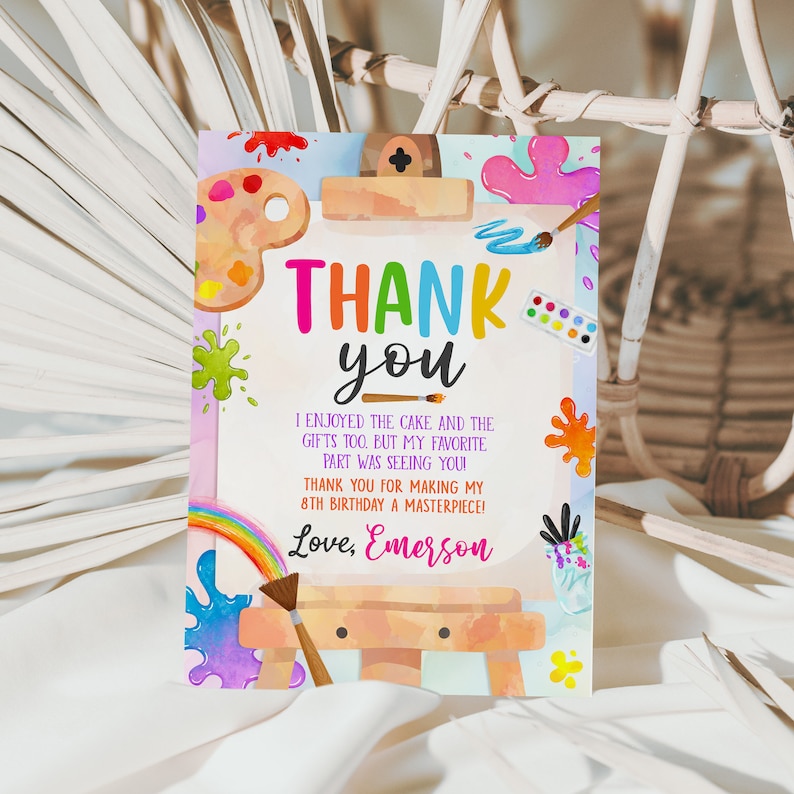 Editable Art Birthday Thank You Painting Party Rainbow Artist Theme ...
