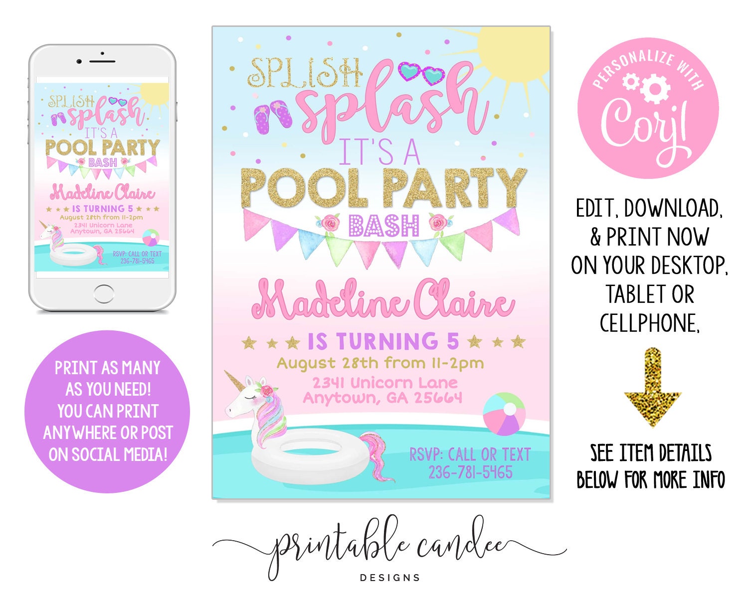 Unicorn Pool Party Invitation Unicorns Summer Birthday Theme Etsy