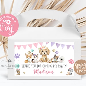 Editable Girl Pet Carrier Label for Gable Box Puppy Kitten Cat Birthday Party Pink Favors Watercolor Theme Pawty Template Printable