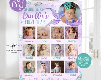 May include: A purple and teal mermaid-themed first year photo collage with a picture of a baby girl in each month. The collage includes the text "Our Little Mermaid Eriella's First Year".