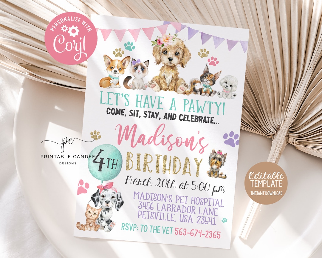 Editable Girl Puppy Kitten Birthday Invitation Cat Dog Party Pink ...