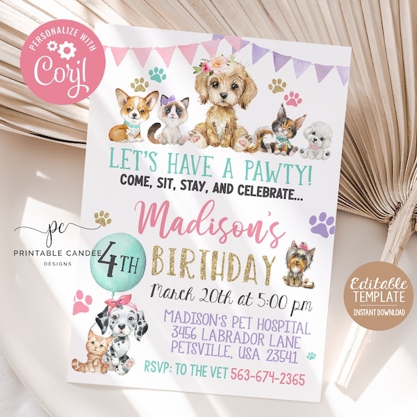 Editable Girl Puppy Kitten Birthday Invitation Cat Dog Party Pink Watercolor Pet Theme Pawty Invite Template
