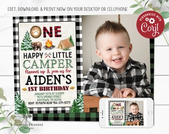 Camping Birthday Invitation One Happy Camper Smores Lumberjack Bear Party Black Plaid 1st Printable Instant Download Editable File
