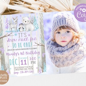Editable Winter Onederland Birthday Invitation Woodland Animals 1st Birthday Christmas Party Girl Invite Photo Template Instant Download