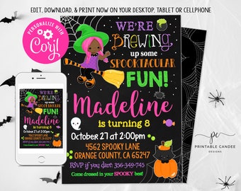 Może przedstawiać: Czarno-zielone zaproszenie na przyjęcie halloweenowe z przedstawieniem czarownicy latającej na miotle. Tekst brzmi "We're Brewing Up Some Spooktacular Fun! Madeline is turning 8. October 27 at 2:00pm. 4562 Spooky Lane, Orange County, CA 65247. RSVP if you dare: 356-349-745. Come dressed in your SPOOKY best!"