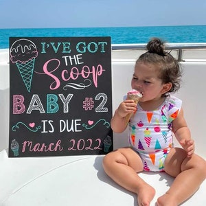 Ice cream Big Sister Pregnancy Announcement Summer Got the scoop Pink Blue Photoshoot Prop Promoted Sign Chalkboard Printable File image 8