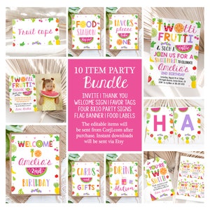 Könnte beinhalten: Ein druckbares Party-Paket für einen 2. Geburtstag mit einem Frucht-Thema. Das Paket beinhaltet ein Willkommens-Schild, eine Dankeskarte, Geschenkanhänger, vier 20x25 cm Party-Schilder, eine Flaggen-Girlande und Essensschilder. Der Text auf der Einladung lautet "Two-tti Frutti & Such a Cute Sweet Party to Celebrate Amelia's 2nd Birthday".
