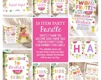 Paquete de fiesta Twotti Frutti Tutti Frutti Invitación editable Signos de fiesta de verano Decoración de fiesta de frutas Favores Paquete imprimible TFWT