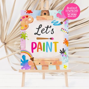 Art Birthday Paint Activity Sign Painting Party Decor Rainbow Artist Theme Brushes Easel Watercolor Digital Download Printable APG1