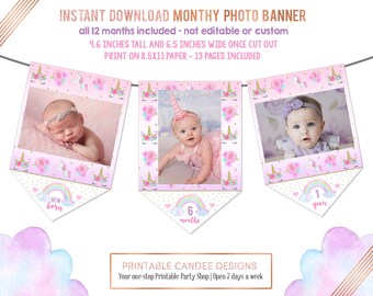 Banner de cumpleaños con foto de unicornio de 12 meses, decoración floral de arcoíris pastel para fiesta, archivos imprimibles para primer cumpleaños y primer año