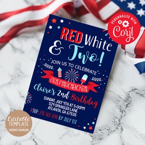 4th of July 2nd Birthday Invitation Red White and Two Firecracker ...