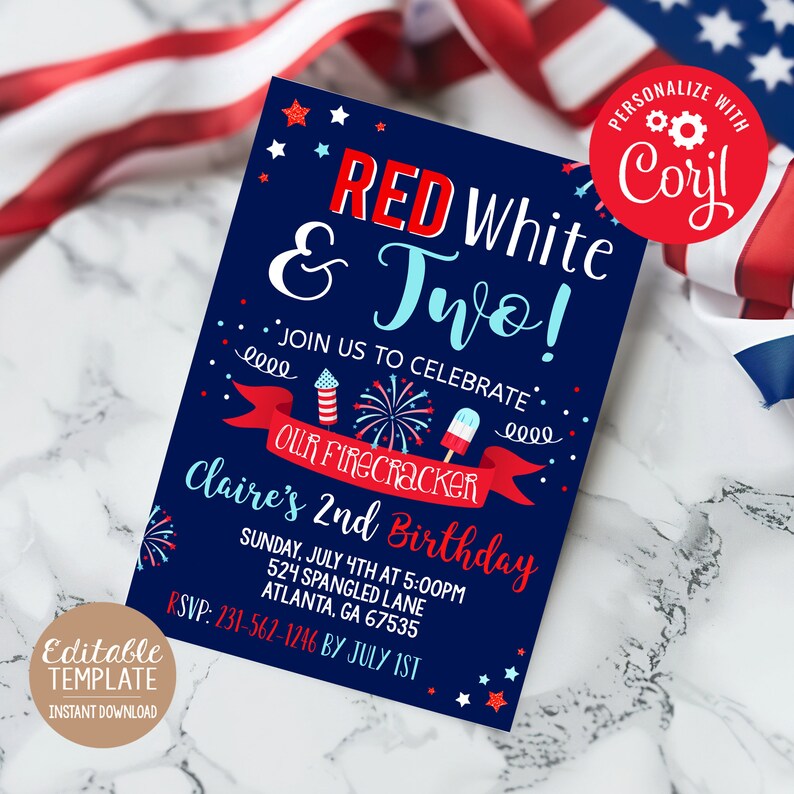 4th of July 2nd Birthday Invitation Red White and Two Firecracker ...