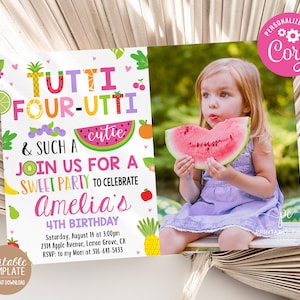 May include: A colorful invitation for a 4th birthday party with a fruit theme. The invitation features a photo of a young girl eating watermelon and the text "Tutti Four-utti & Such a Cutie Join Us For A Sweet Party To Celebrate Amelia's 4th Birthday".