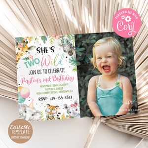 Two Wild Invitation Jungle Animal 2nd Birthday Party Editable Safari Girl Turning 2 Instant download Photo Template