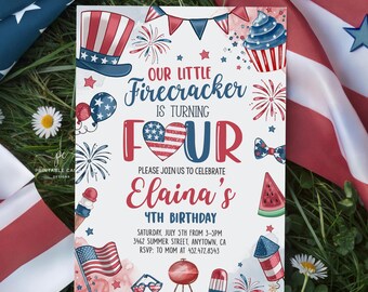 Editable 4th of July Girl Fourth Birthday Invite Little Firecracker Editable Invitation Template Printable LFJD