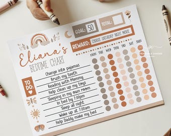 Kinderen blijven de hele nacht in bed Beloningstabelsjabloon Nachtelijke routine voor kinderen bewerkbare slaaptracker voor peuters Bedtijdlogboek voor peuters Boho