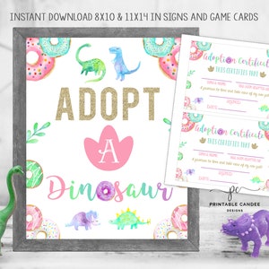 Adopt a Dinosaur Sign Girl Donut Dino Birthday Table Adopt a Pet Decor Printable Instant Download 8x10 11x14 Inches