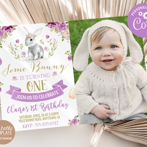 Editable Bunny Birthday Invite Easter Party Invitation Purple Gold Spring Floral Theme Instant download Photo Template