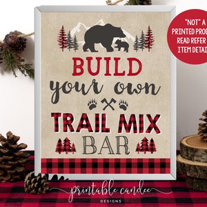 Trail Mix Bar Sign Baby Shower Food Lumberjack Bear Buffalo Plaid Decor Moose Theme Printable File Instant Download