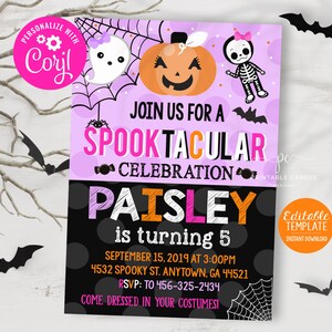 Girl Halloween Birthday Invitation Costume Party Trick or Treat Invite Theme Pumpkin Instant Download Editable File Printable