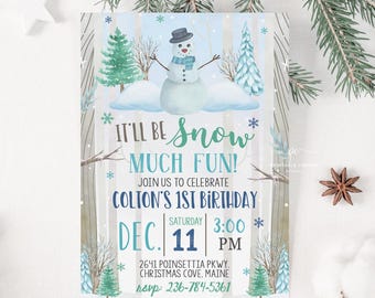 Editable Snowman Birthday Invitation Boy Winter Birthday Snow much fun Party Invite Blue Template Instant Download