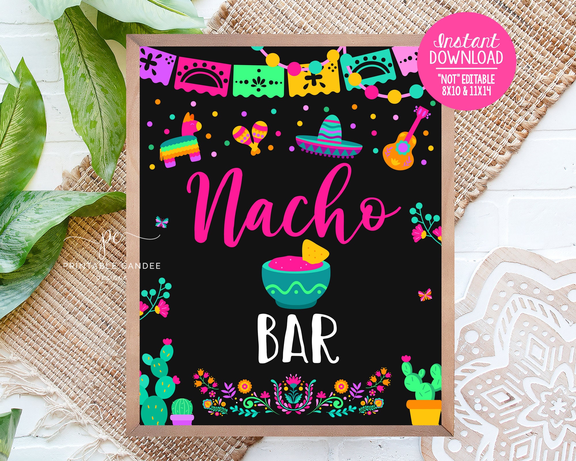 Fiesta Birthday Party Taco Bar Sign Mexican Theme Cactus Background Food Table Decor Succulent Floral Printable Instant
