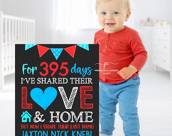 Editable Adoption Announcement Sign Red Blue Adopted Poster Love and Home Photography Prop Printable Template