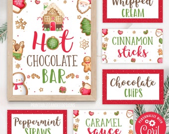 Editable Gingerbread Party Hot Chocolate Bar Food Labels Hot Cocoa Sign Christmas Birthday Party Decor Instant Download