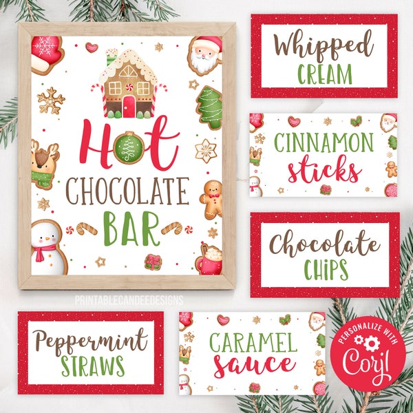 Editable Gingerbread Party Hot Chocolate Bar Food Labels Hot Cocoa Sign Christmas Birthday Party Decor Instant Download