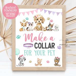 Pet Make a Collar Party Game Sign Dog Birthday Party Adopt a Pet Decor Kitten Theme Girl Cat Activities Watercolor Printable Decor