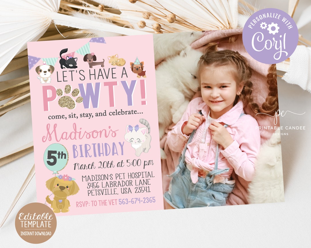 Girl Puppy Kitten Birthday Invitation Cat Dog Party Pink Adorable Pet ...