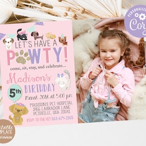 Girl Puppy Kitten Birthday Invitation Cat Dog Party Pink Adorable Pet Theme Pawty Photo Invite Editable Template
