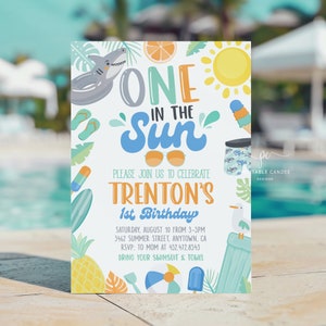 Invito per la festa del primo compleanno One In The Sun modificabile Modello di invito per la festa in piscina Tropical Summer Boy Shark OITSB