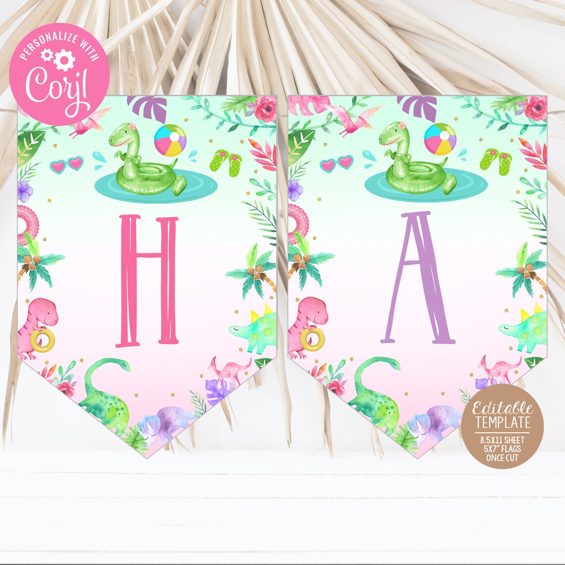 Editable Party Flags Dinosaur Pool Party Flags Editable Summer Birthday Decor Template Girl ...