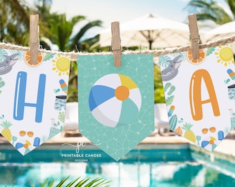 May include: A printable banner with the word "HOA" in blue and orange letters. The banner is decorated with summer-themed images, including a beach ball, a shark, a pineapple, and sunglasses.