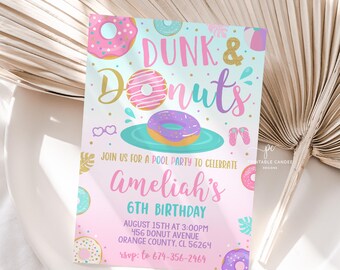 May include: A colorful invitation with the text "Dunk & Donuts" and "Ameliah's 6th Birthday". The design features donuts, sunglasses, and flip-flops. The invitation is on a white surface with a palm leaf in the background.