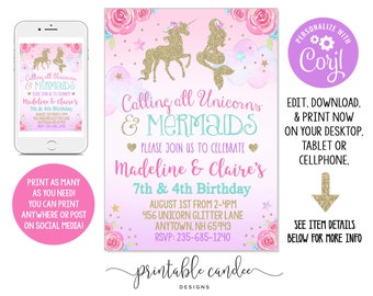 Zeemeermin Unicorn uitnodiging zus verjaardag Twin uitnodigen partij thema glitter bloemen Instant Download bewerkbaar bestand afdrukbaar DIY-bestand